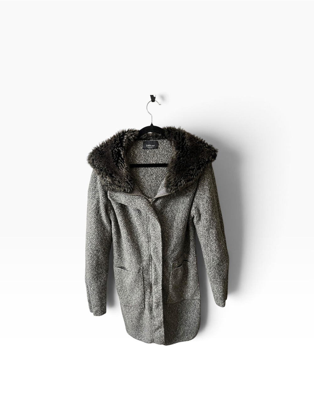 Zara Knit Gray Textured Coatigan with Faux Fur Hood - size Medium
